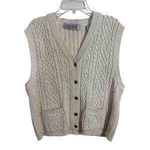 Vtg 90s Cable Knit Sweater Vest  Fisherman Cottage Preppy Grandpa Pockets Medium